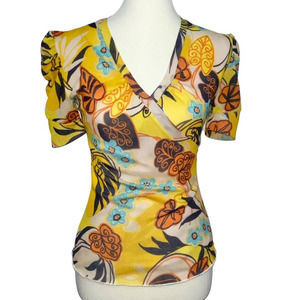 S Y2k Just Living Mesh Surplice Wrap V Neck Paisley Floral Mixed Print Top